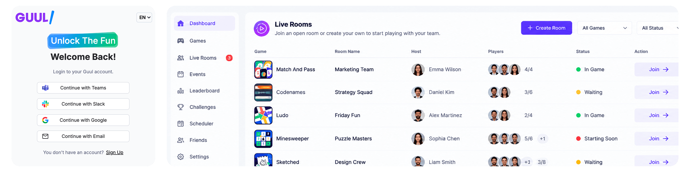 The GUUL Gamespace with games, leaderboards and events