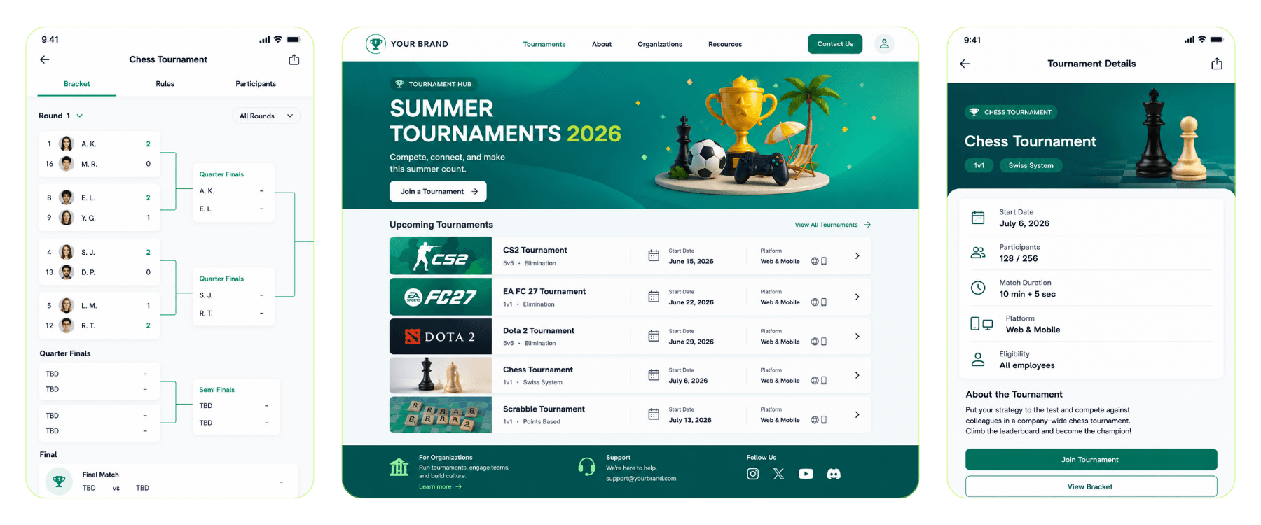 A branded tournament hub showing brackets, teams and results